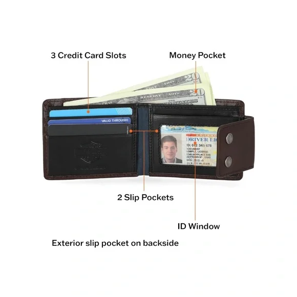 Men's Smooth Grain Snap Front Pocket Bifold Leather Brown Wallet